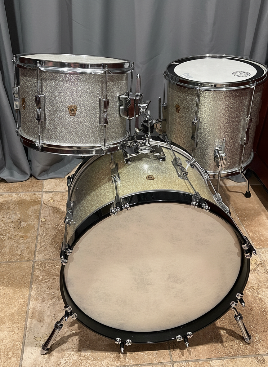 1966 Ludwig Club Date drum kit in silver sparkle - restored following kintsugi philosophy